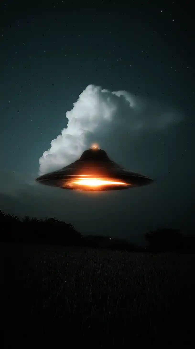UFO con luci stroboscopiche sopra un cielo notturno rurale francese