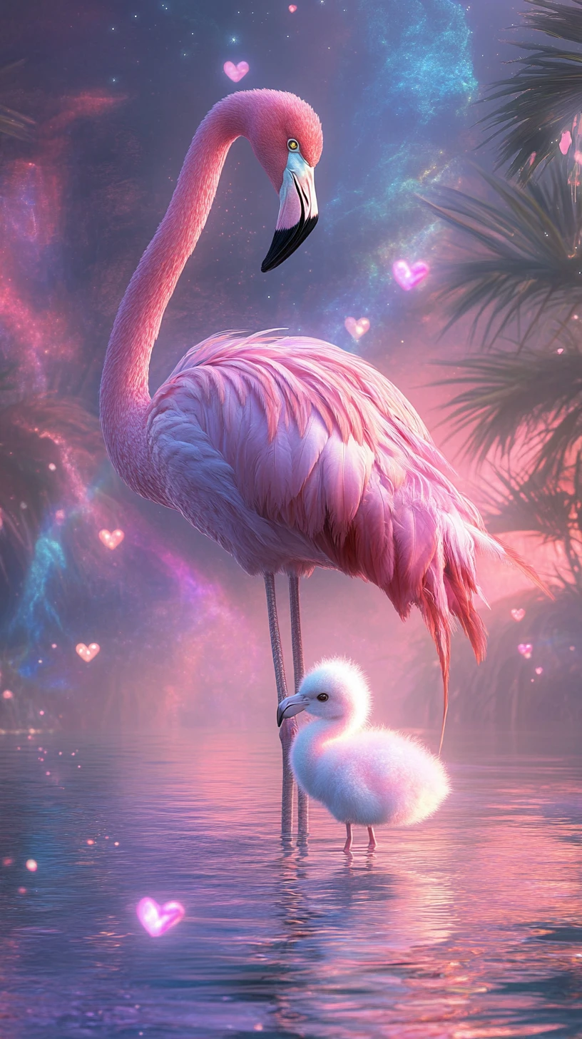 Surreal flamingo mother sheltering chick in dreamlike lagoon