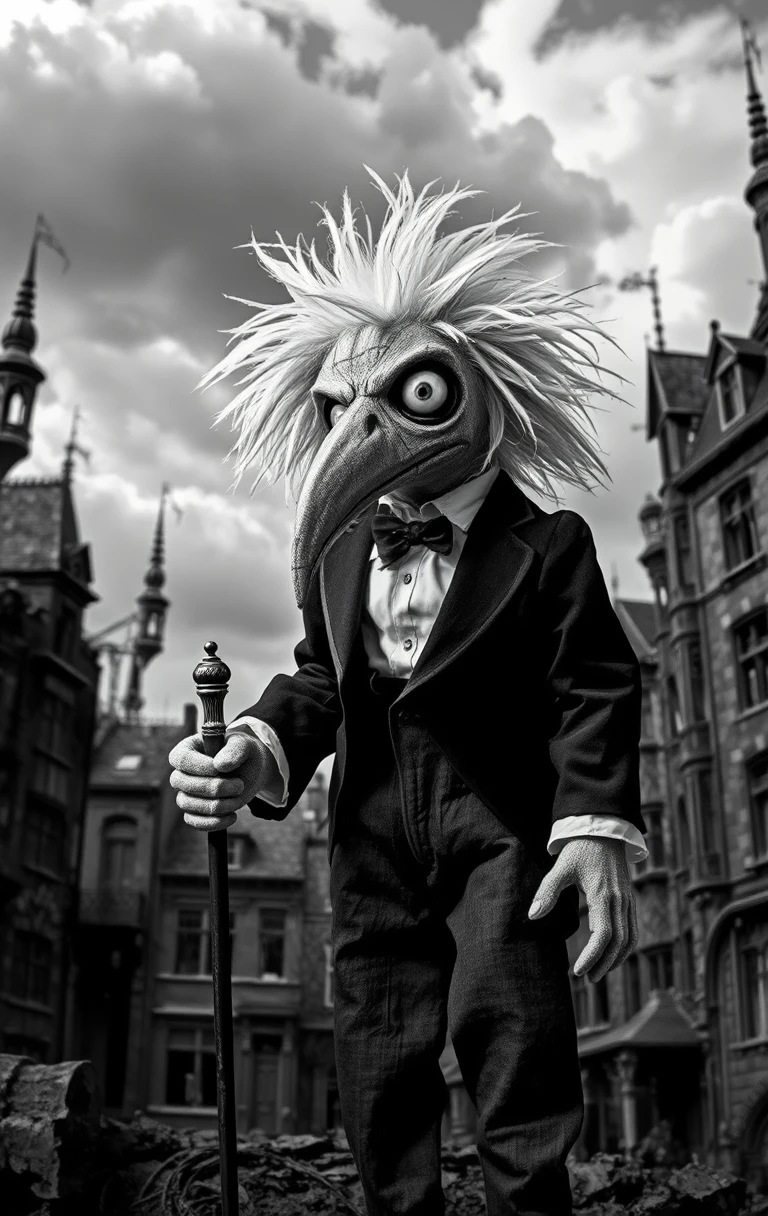 Creepy rag doll in tuxedo in gothic gray city street