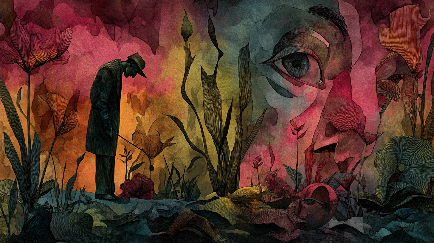 Surreal man in thorny garden over emerging female face