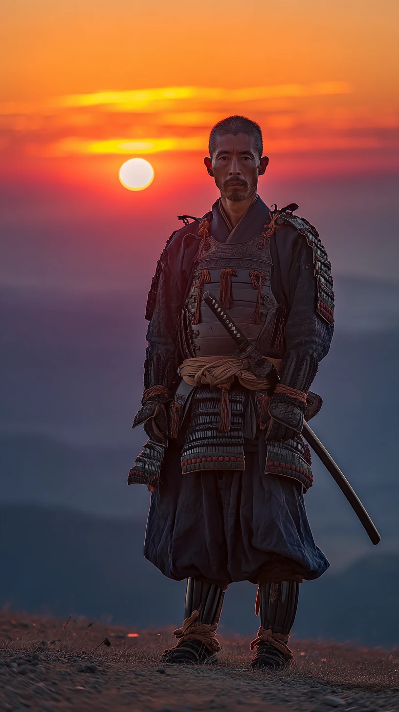 Samurai in black armor on a windswept hill at sunset