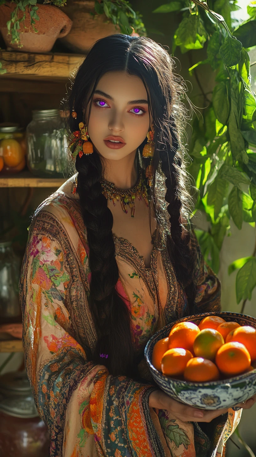 Young woman holding fruit bowl in a sunlit garden