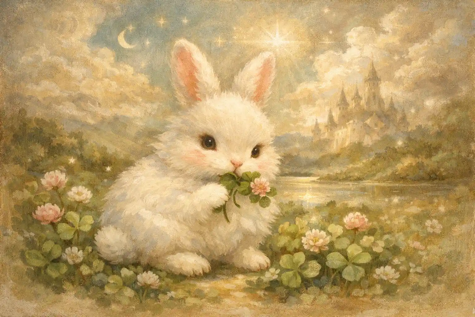 Fluffy Rabbit Nibbling Clover In Soft Tempera Painting