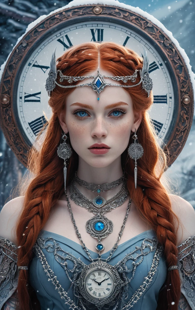 Fantasy red haired woman with clock in snowy landscape