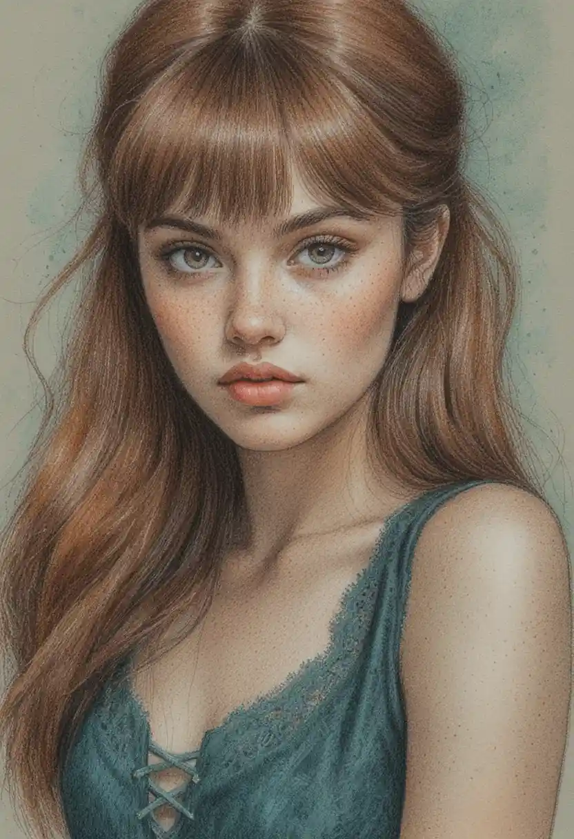 Colored pencil portrait of a freckled girl with auburn hair