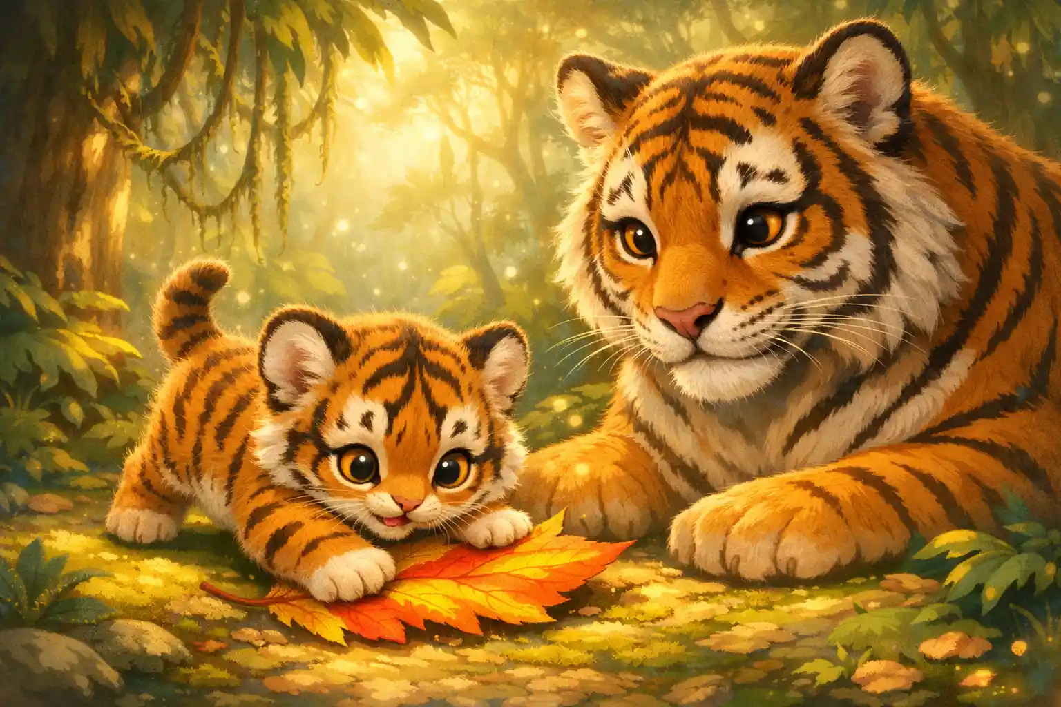 Cucciolo di tigre che gioca con una foglia nella luce della foresta