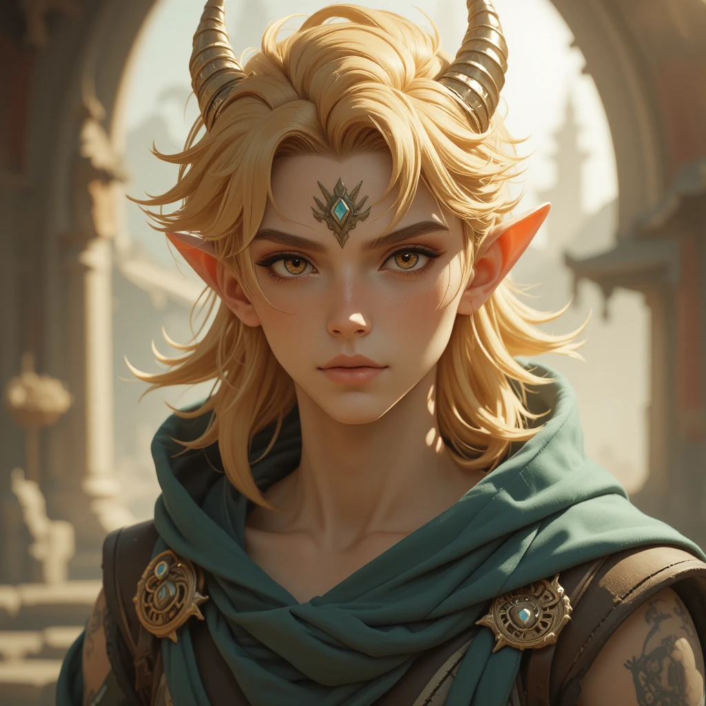 Young eliatrope boy with sand blond hair and horns