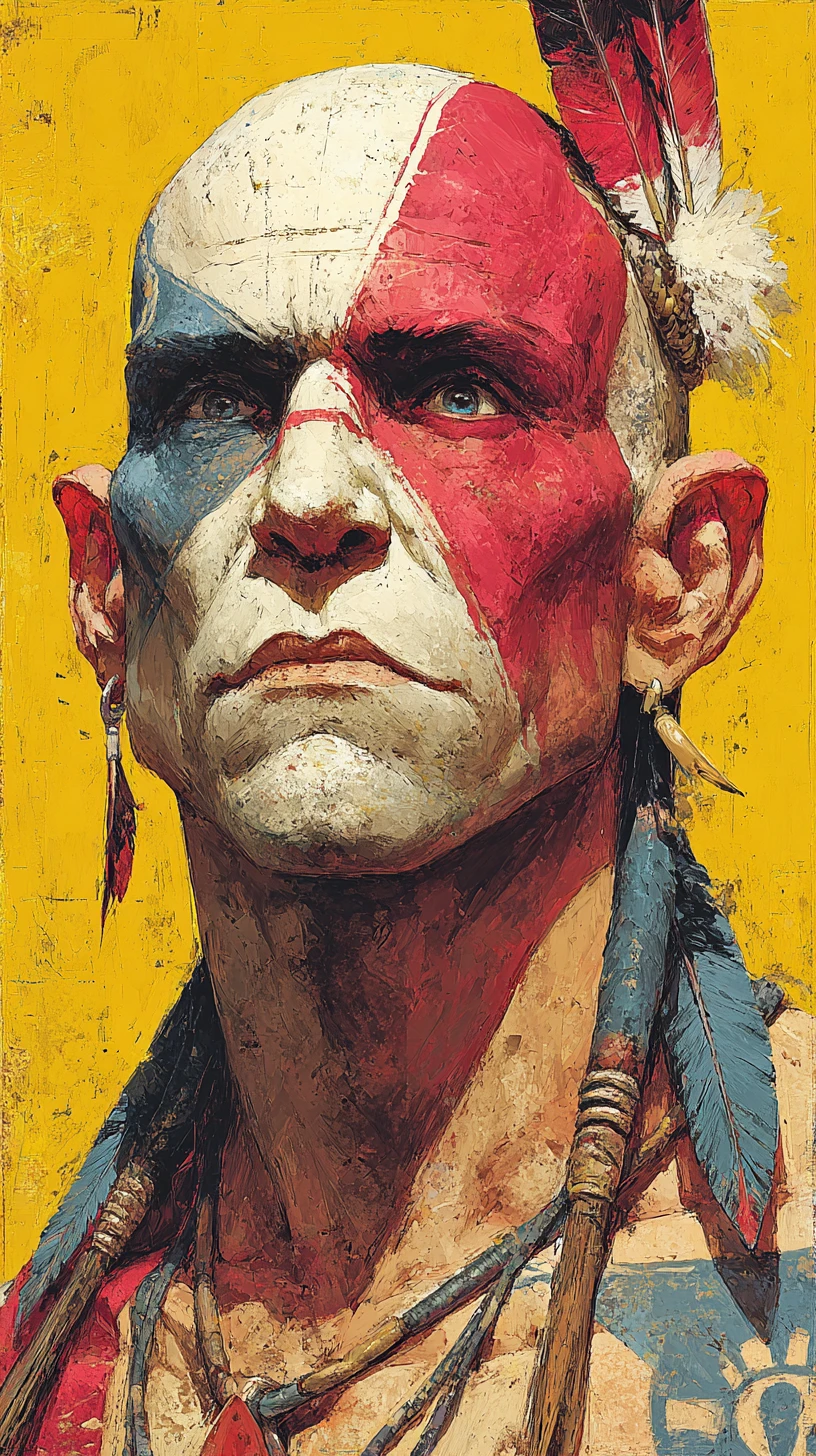 Portrait of a Native American warrior with bold red war paint