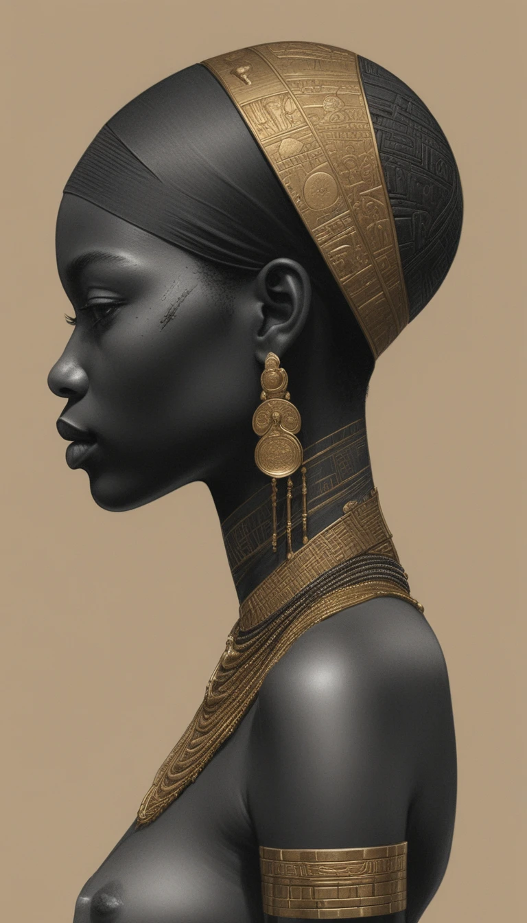 Regal side profile portrait with golden futuristic headpiece