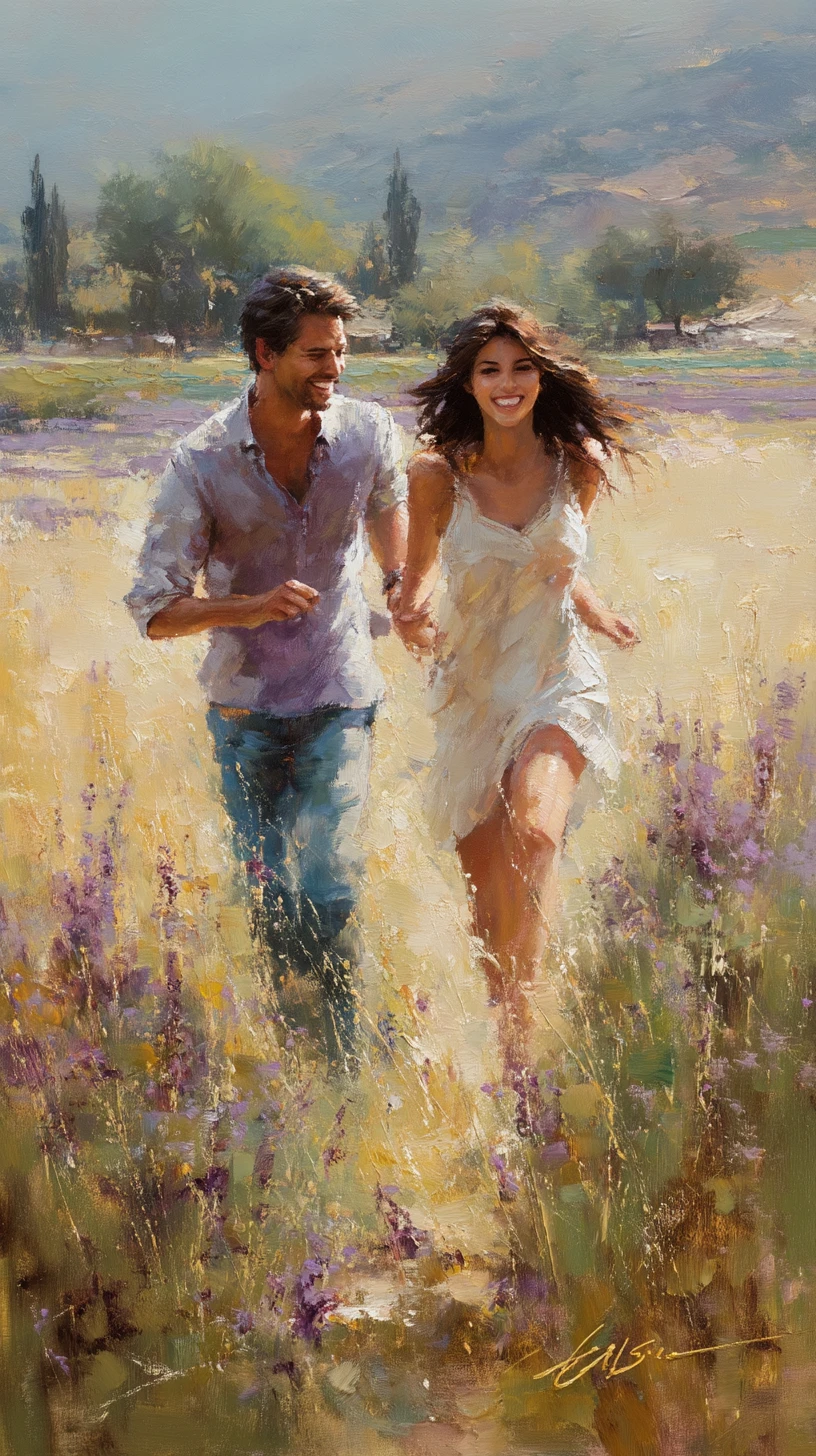 Couple running through a sunlit summer meadow in oil painting