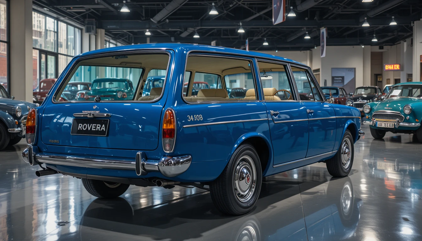Blue classic rover estate car in a bright museum