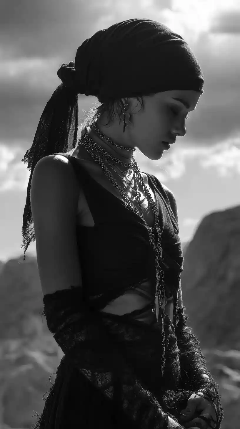 Moody black and white portrait of a girl in bandaged cloth