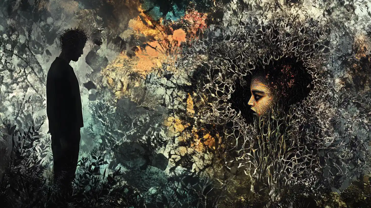 Surreal man in thorny flower garden with emerging face