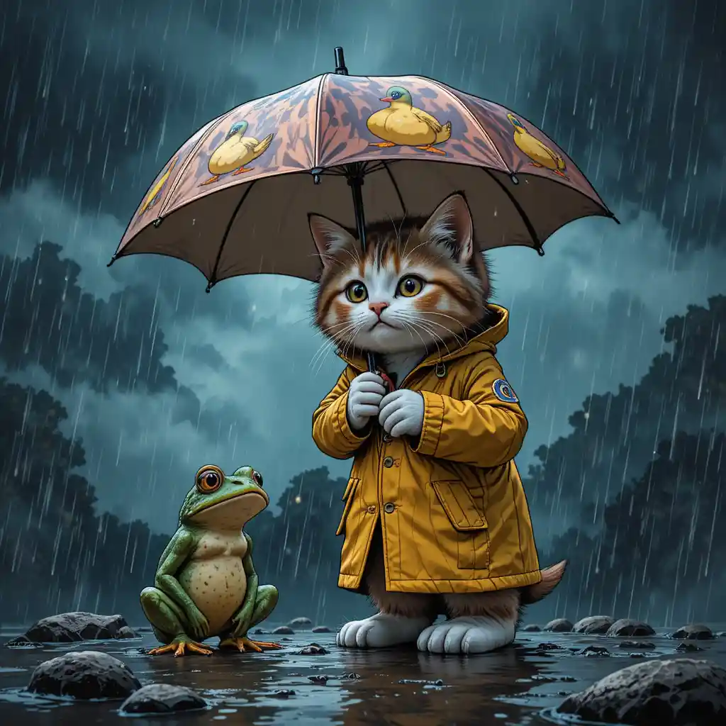 穿雨衣的小貓面對黑暗雷雨風暴