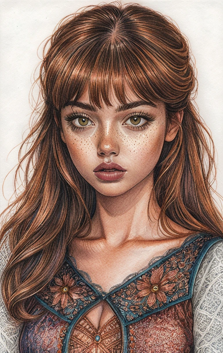 Colored pencil portrait of a freckled girl on paper