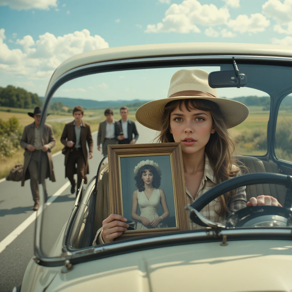 Girl in a hat traveling through France in a small car