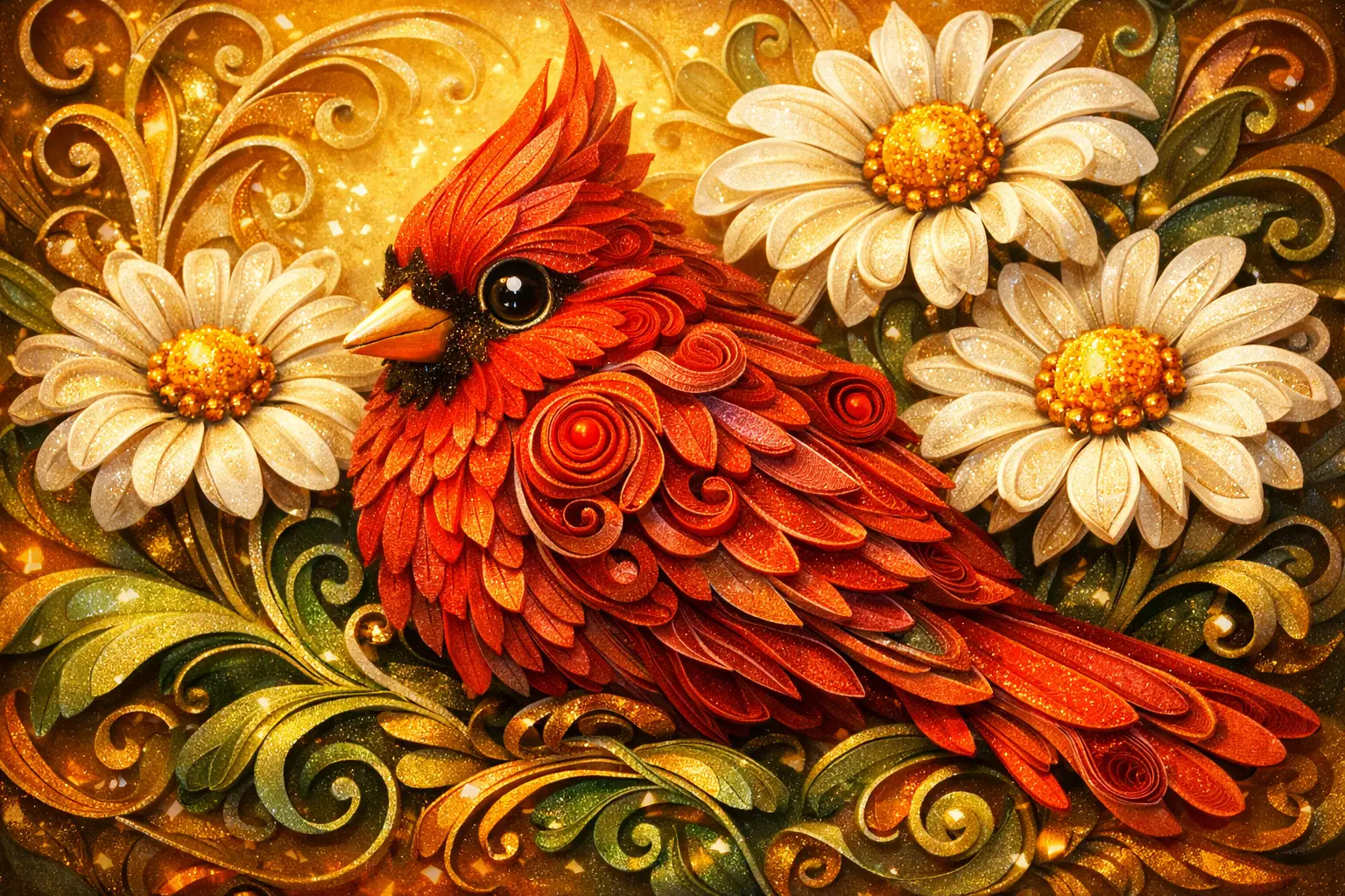 Cardinale in quilling di carta con margherite in fiore dal tocco fiabesco