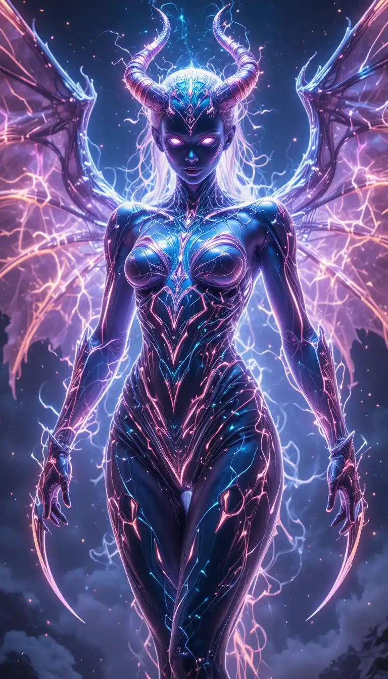 機械の翼とプラズマオーラをまとうホログラフィックな女悪魔