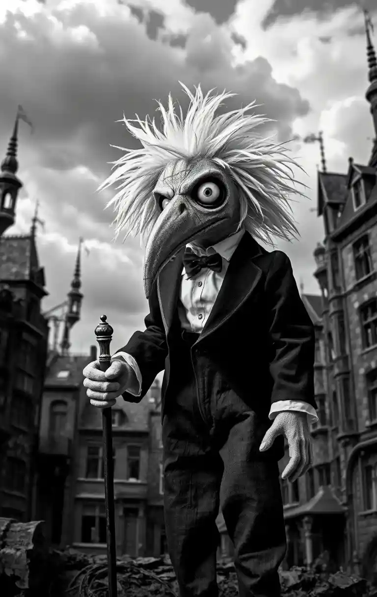 Creepy rag doll in tuxedo in gothic gray city street
