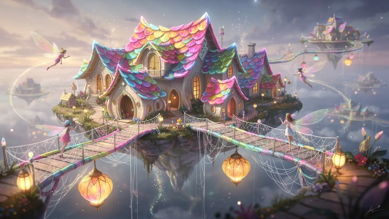 Tiny Floating Fantasy Town With Colorful Petal Roof Houses
