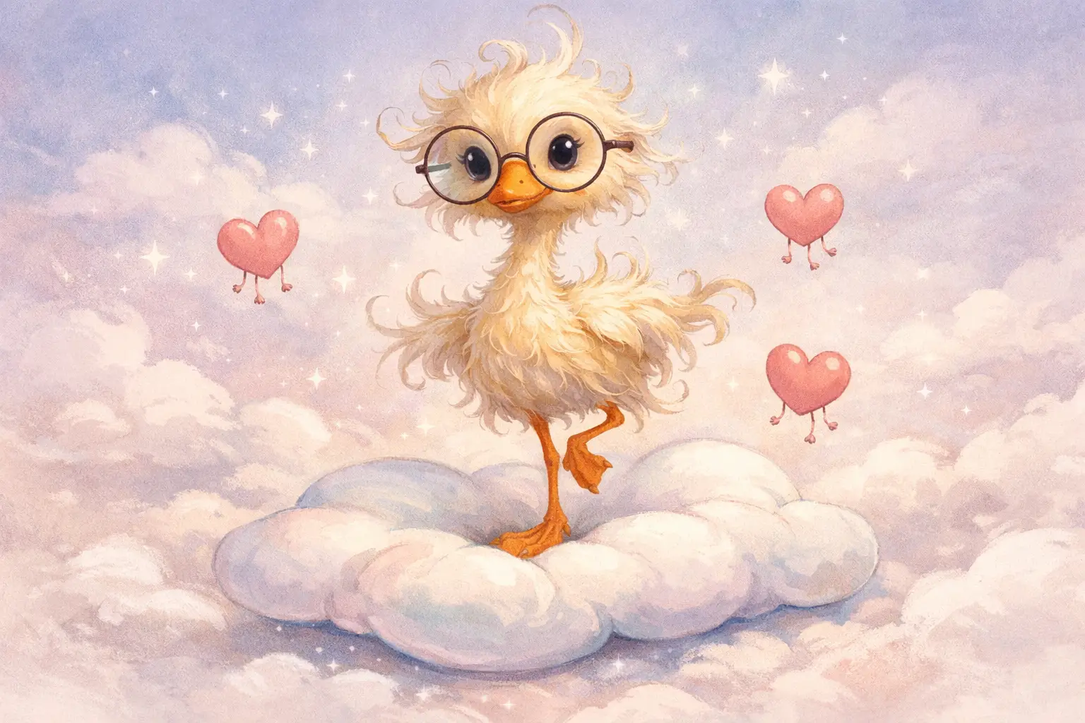 Patito juguetón con gafas sobre una almohada de nube