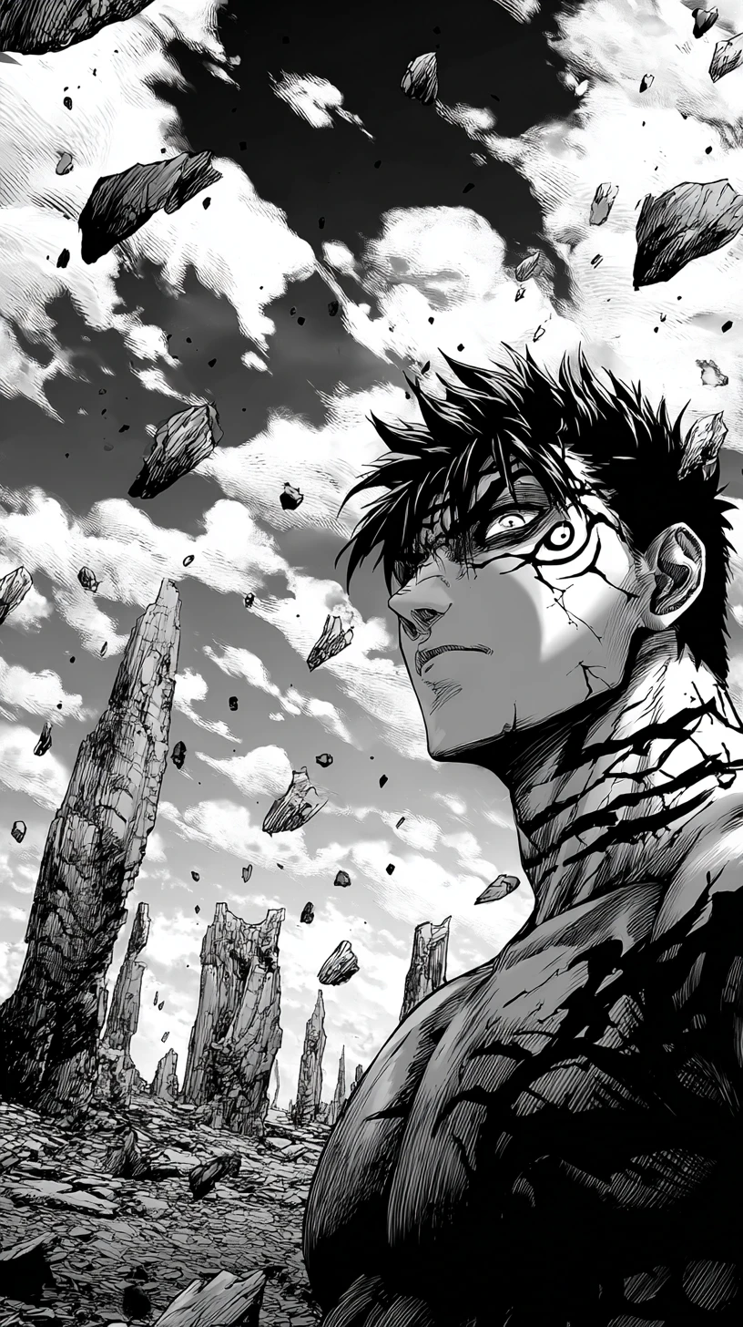 Anime warrior in ruined landscape under stormy sky