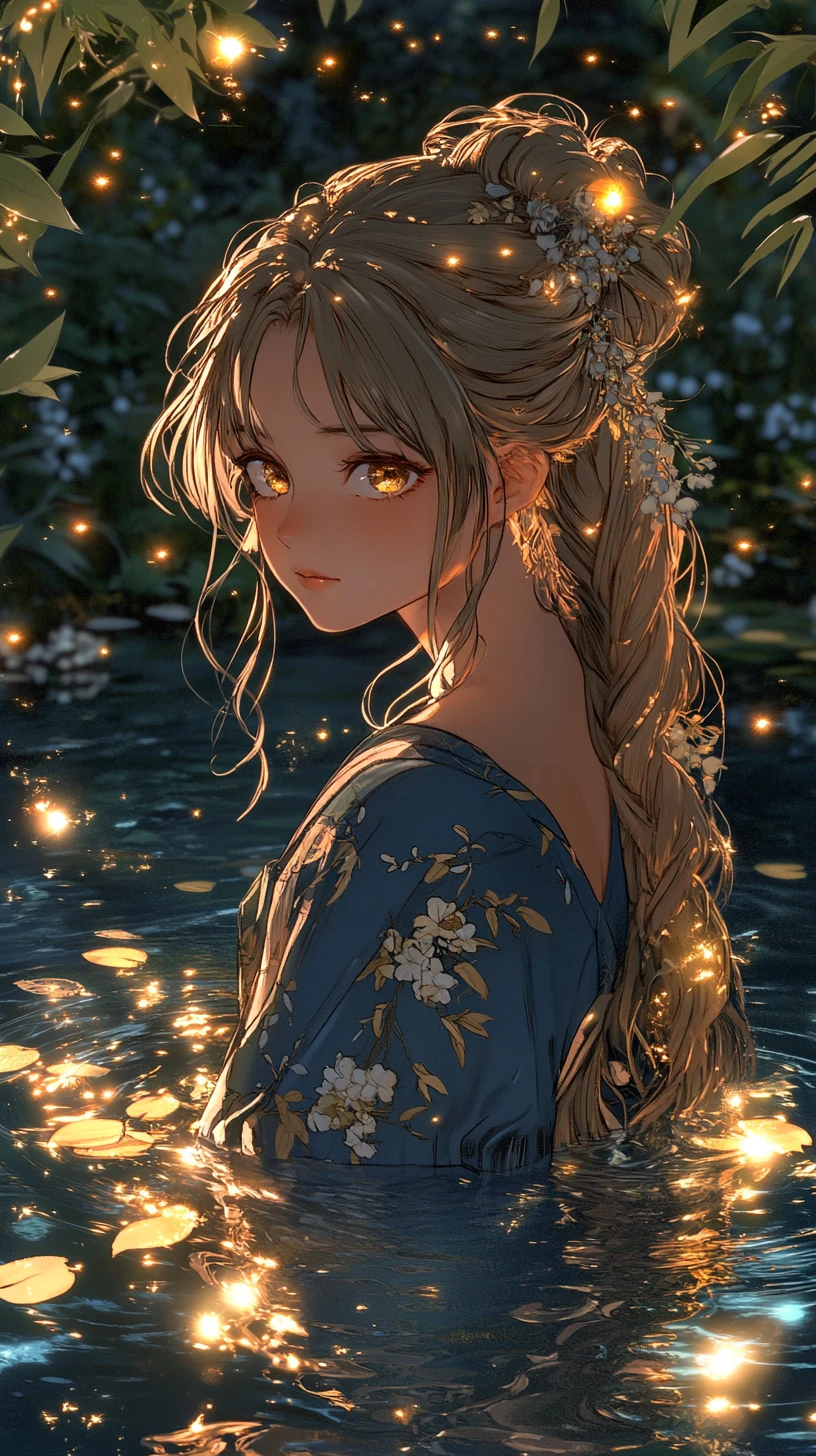 Anime girl in kimono standing in a glowing forest pond