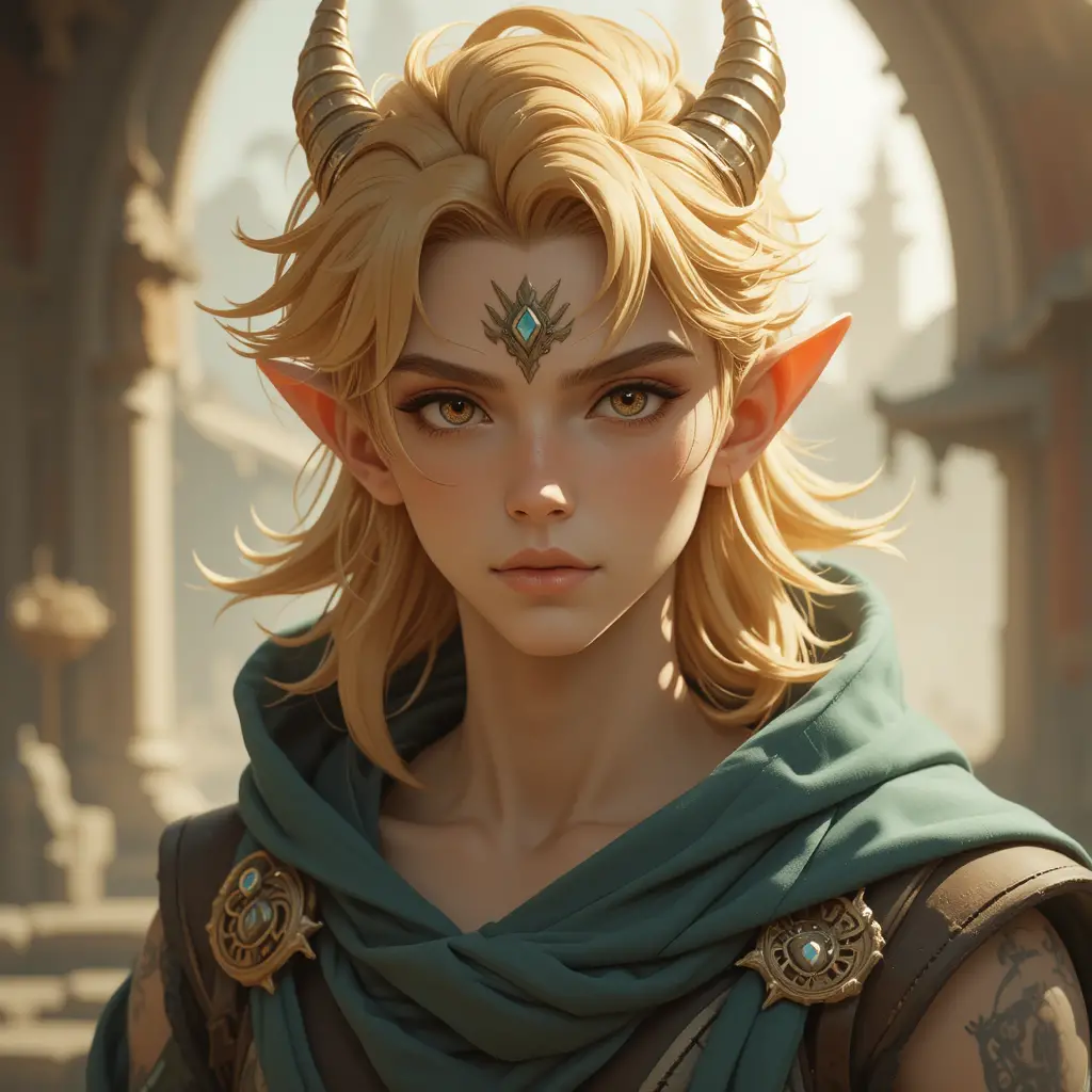 Young eliatrope boy with sand blond hair and horns
