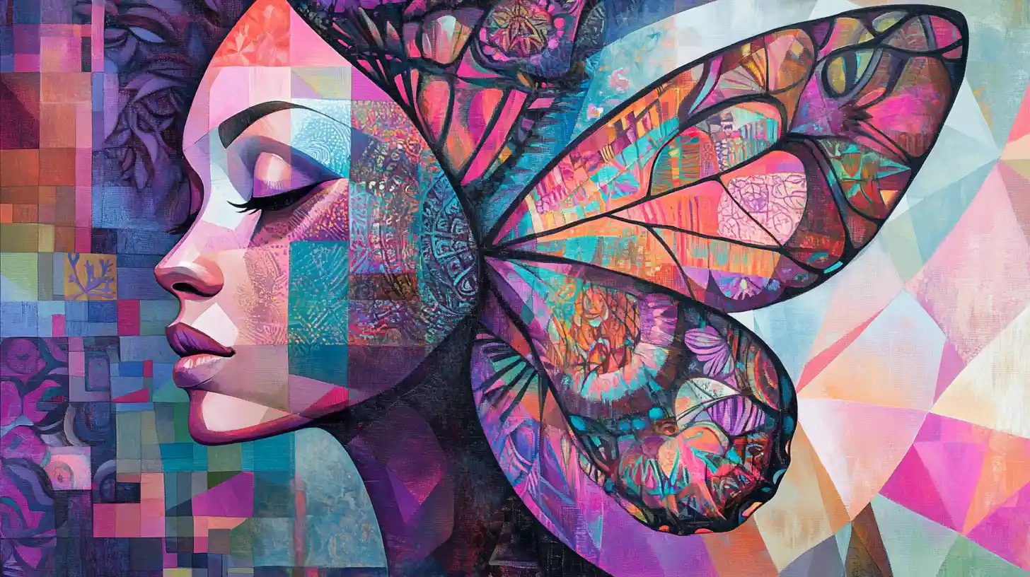 Cubist woman with butterfly and mandala patterned wings