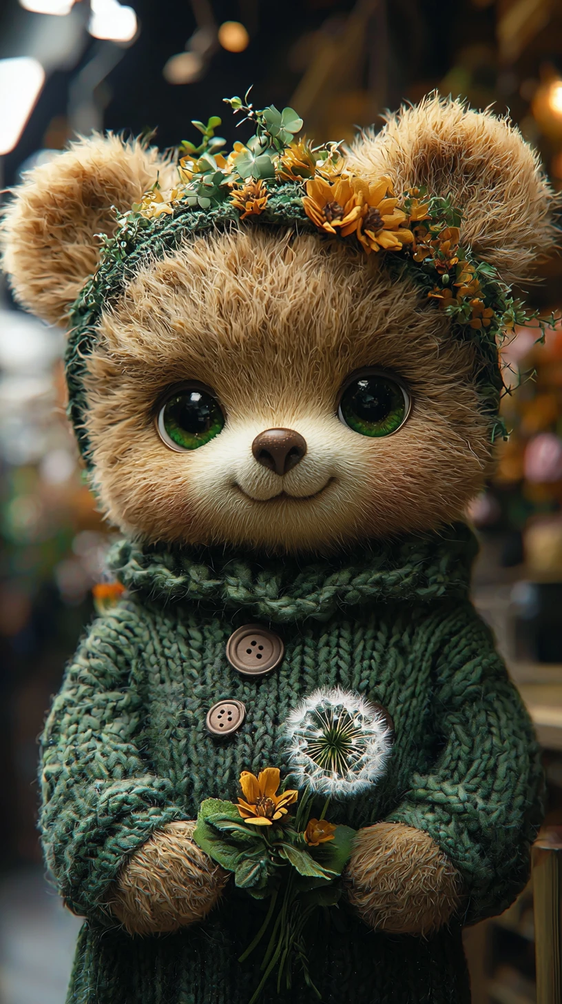 Cute teddy bear in green sweater holding a dandelion