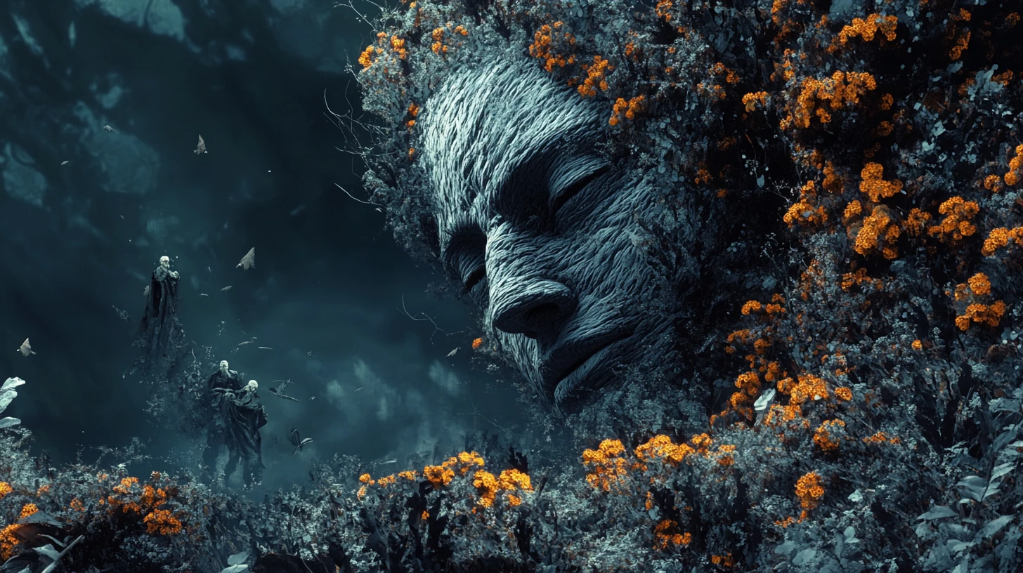 Surreal man in thorny abstract garden with buried face
