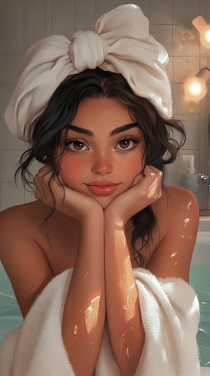 Cute latina girl relaxing in a cozy bathroom scene