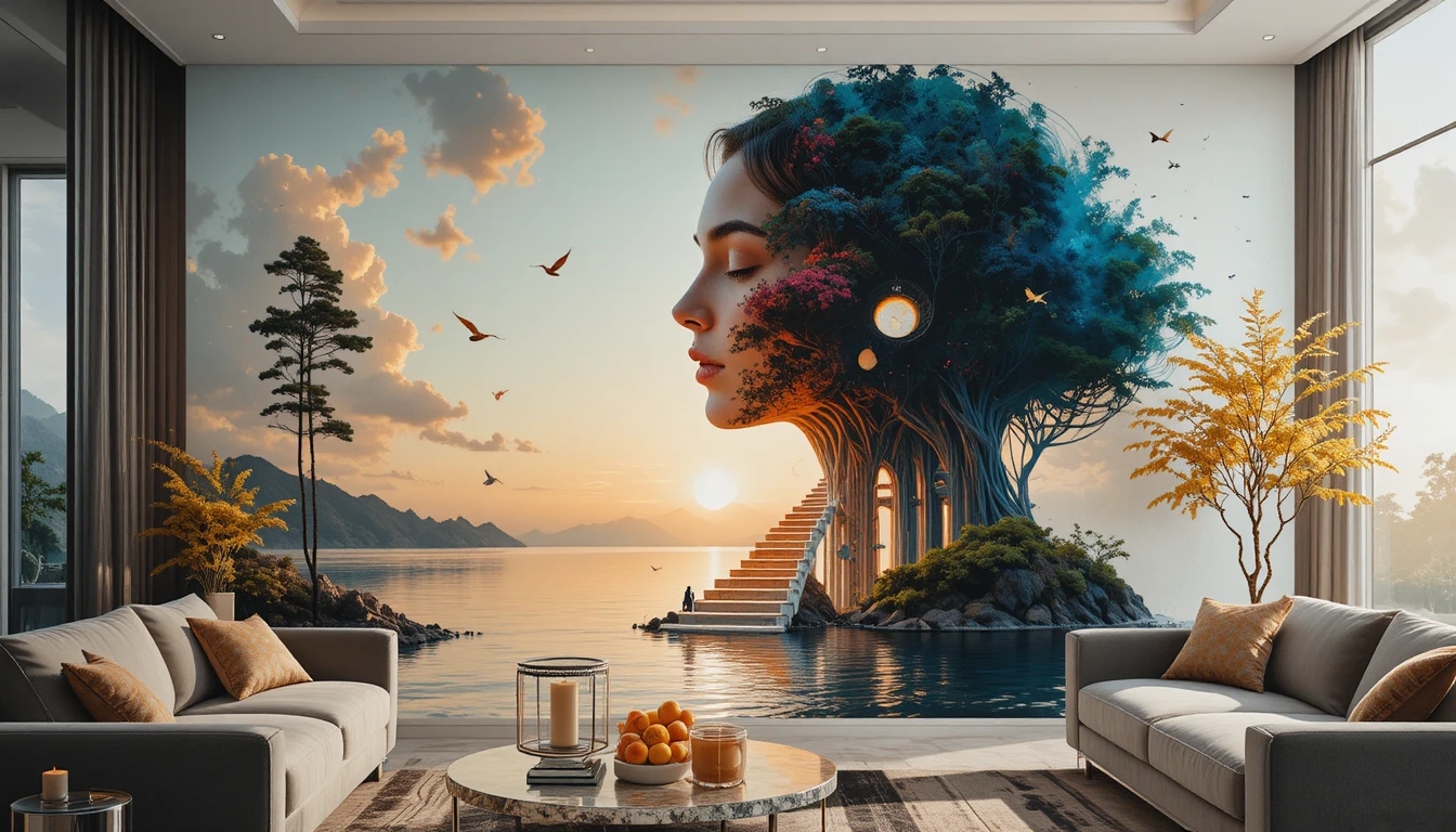 Surreal double exposure of a serene woman and forest landscape