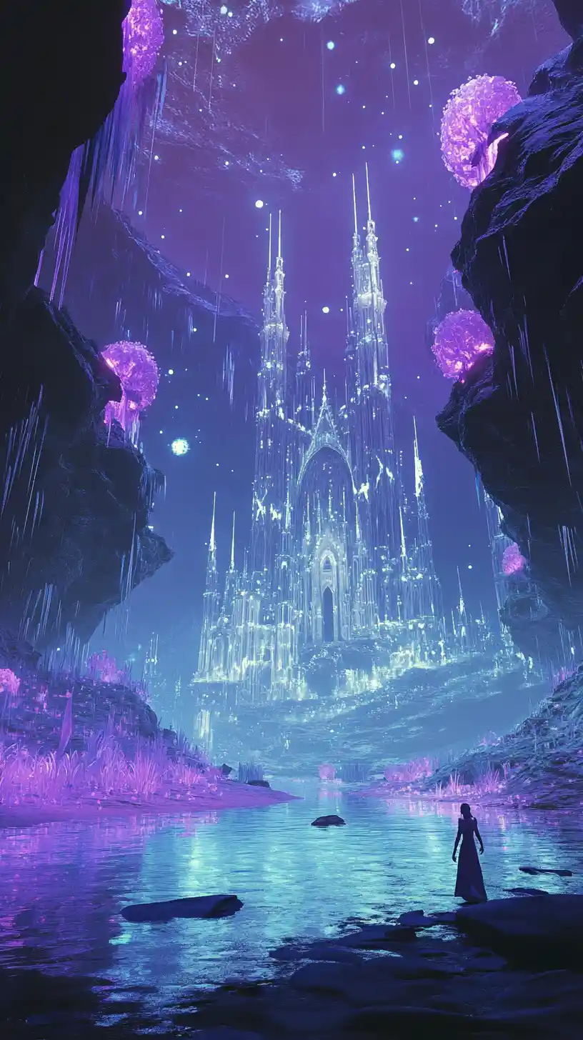 Elf by a mirror lake facing a floating marble cathedral
