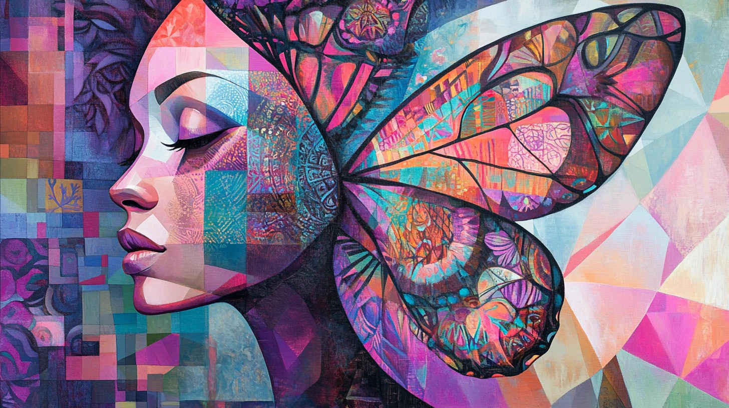 Cubist woman with butterfly and mandala patterned wings