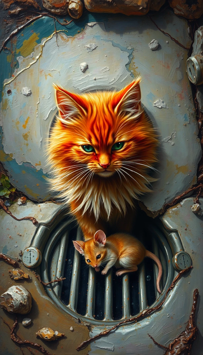 Surreal red cat by a drain grate guarding a tiny mouse home