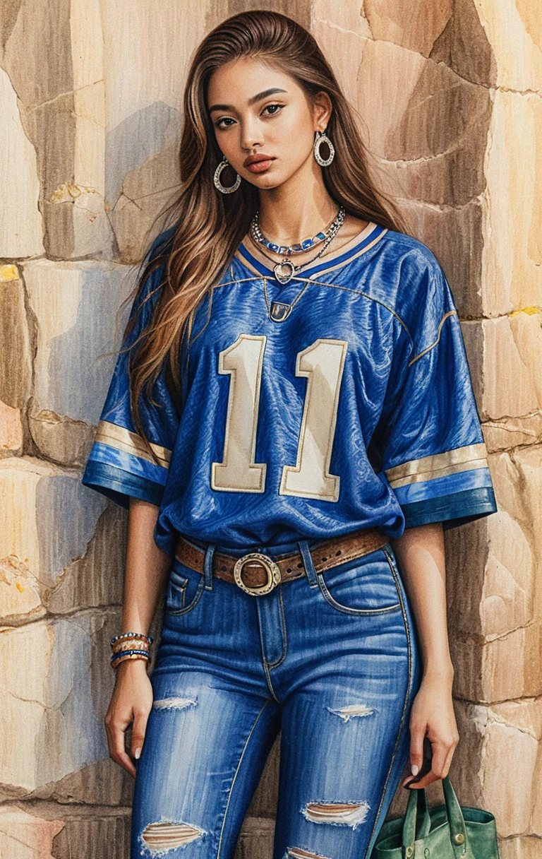 Giovane donna con maglia blu accanto a un muro di pietra illuminato dal sole