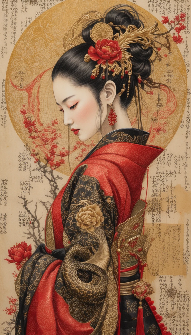 Elegant profile of a woman in a dragon kimono illustration