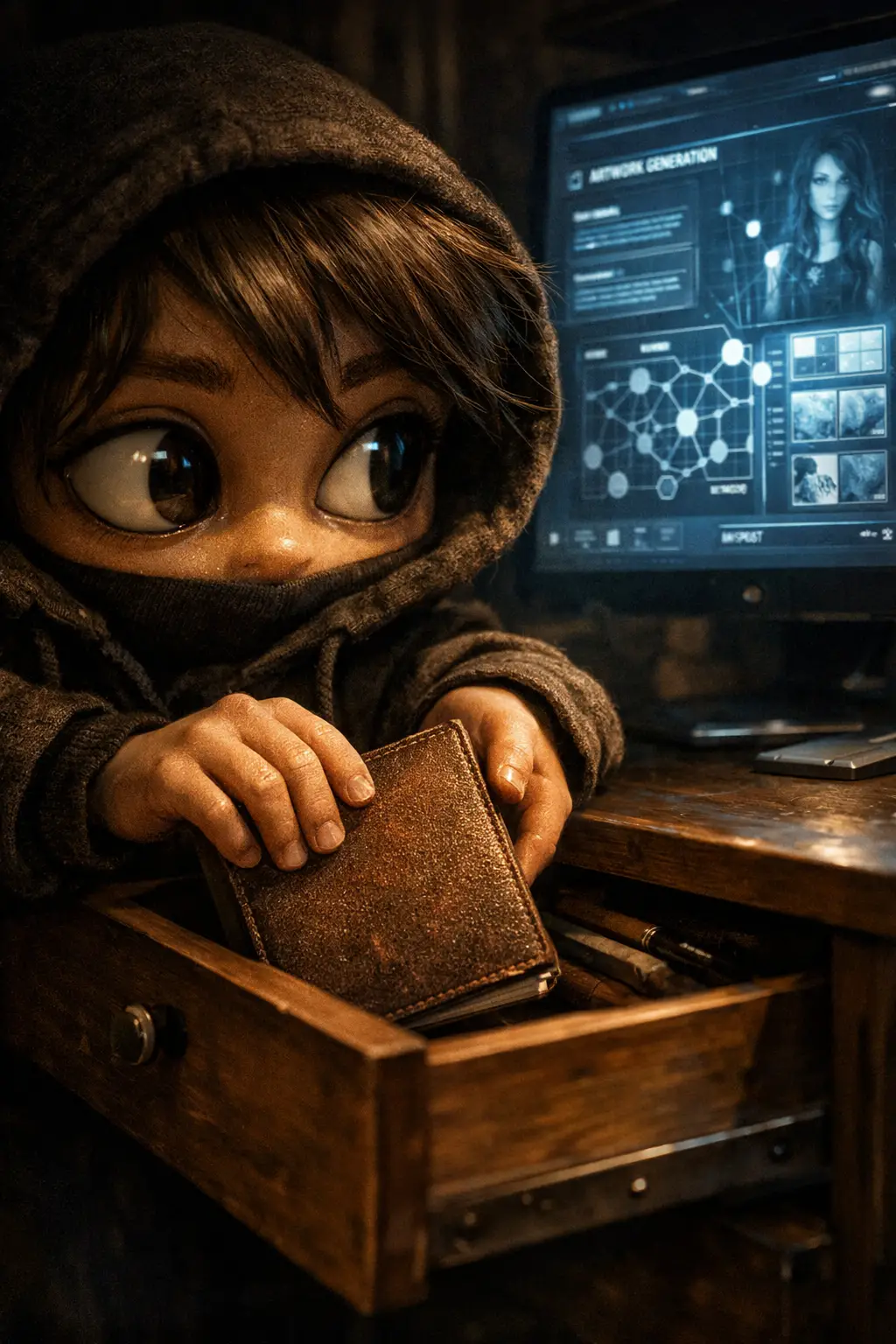 Man hiding a sketchbook beside a glowing computer screen