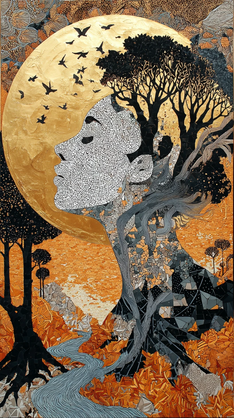 Surreal profile portrait of a woman with branching hair river