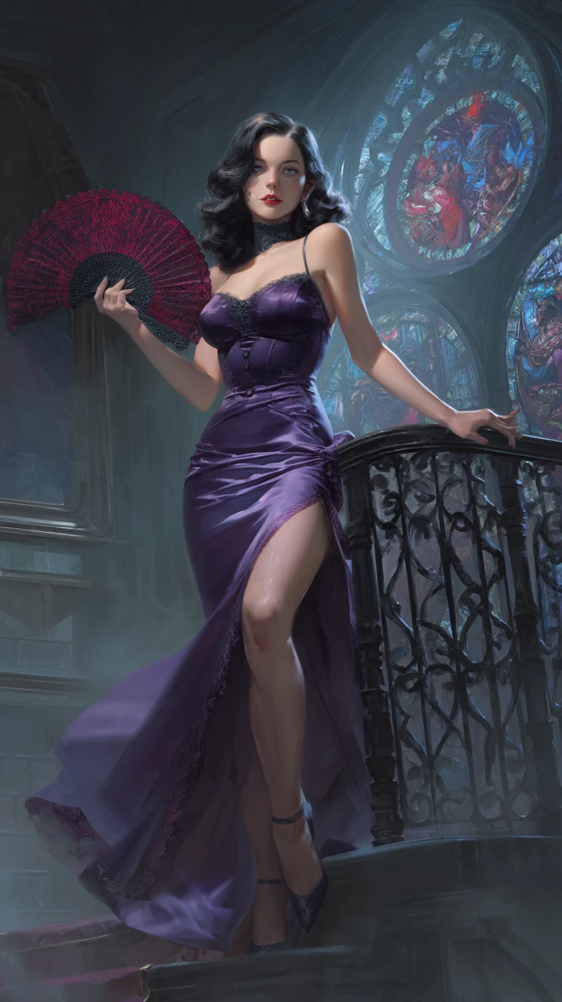 Gothic femme fatale on misty marble steps at night
