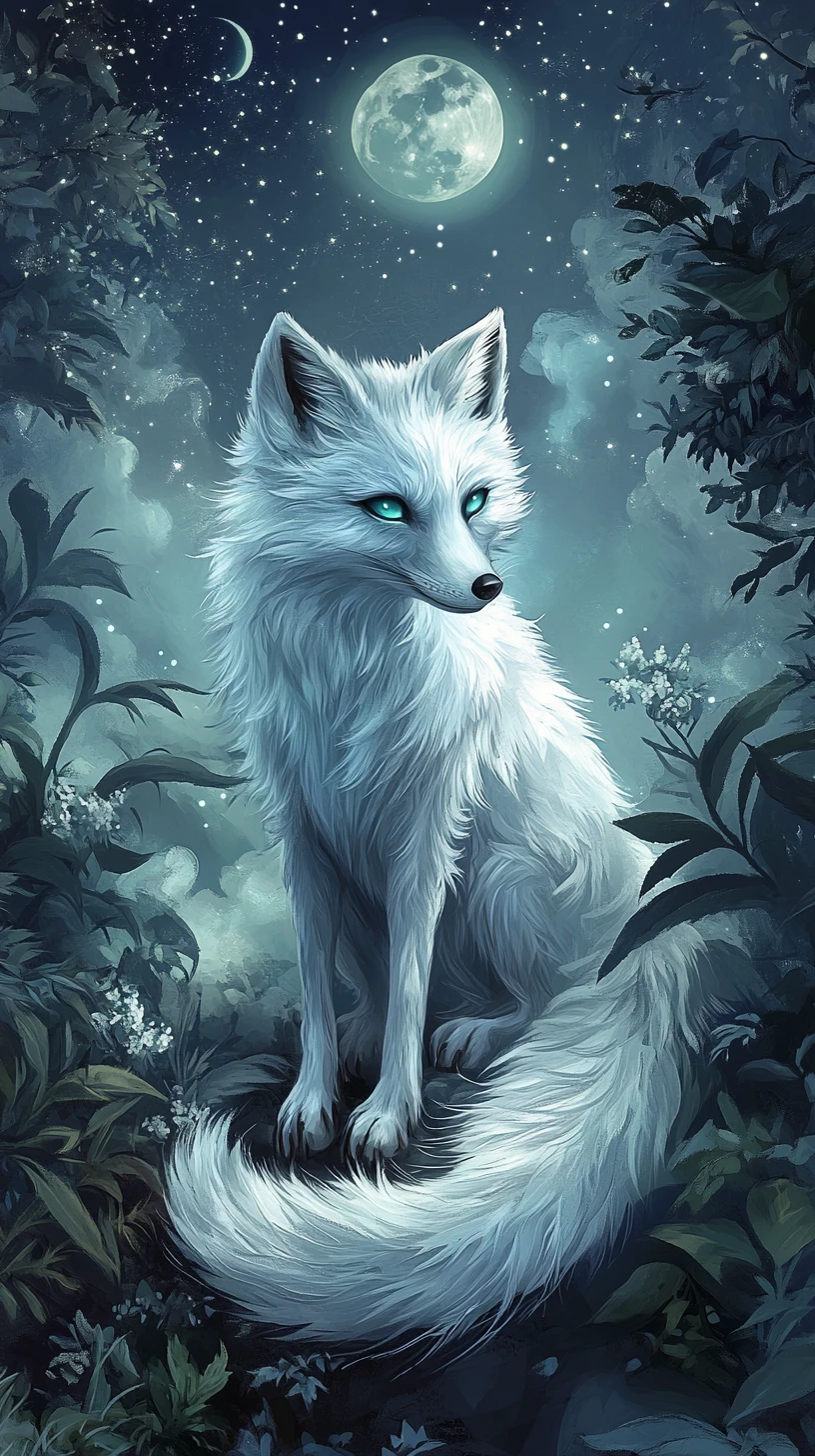 Mystical arctic fox under a moonlit starry night sky