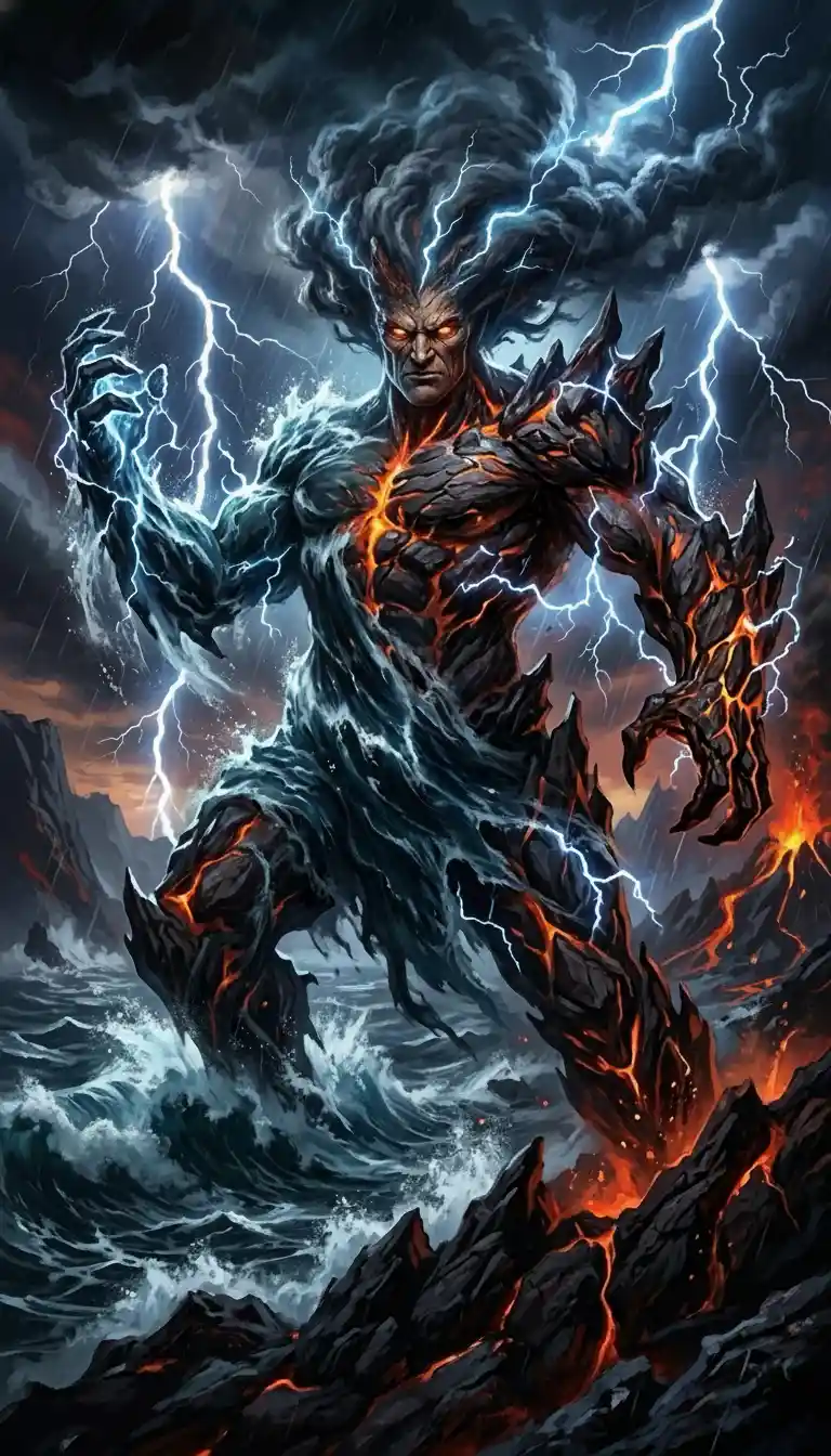 Storm elemental god forged from ocean depths and lightning