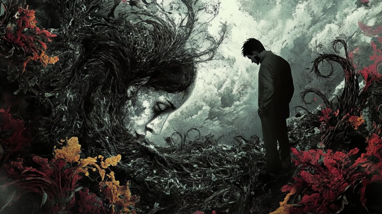Surreal man in thorny flower garden with emerging face