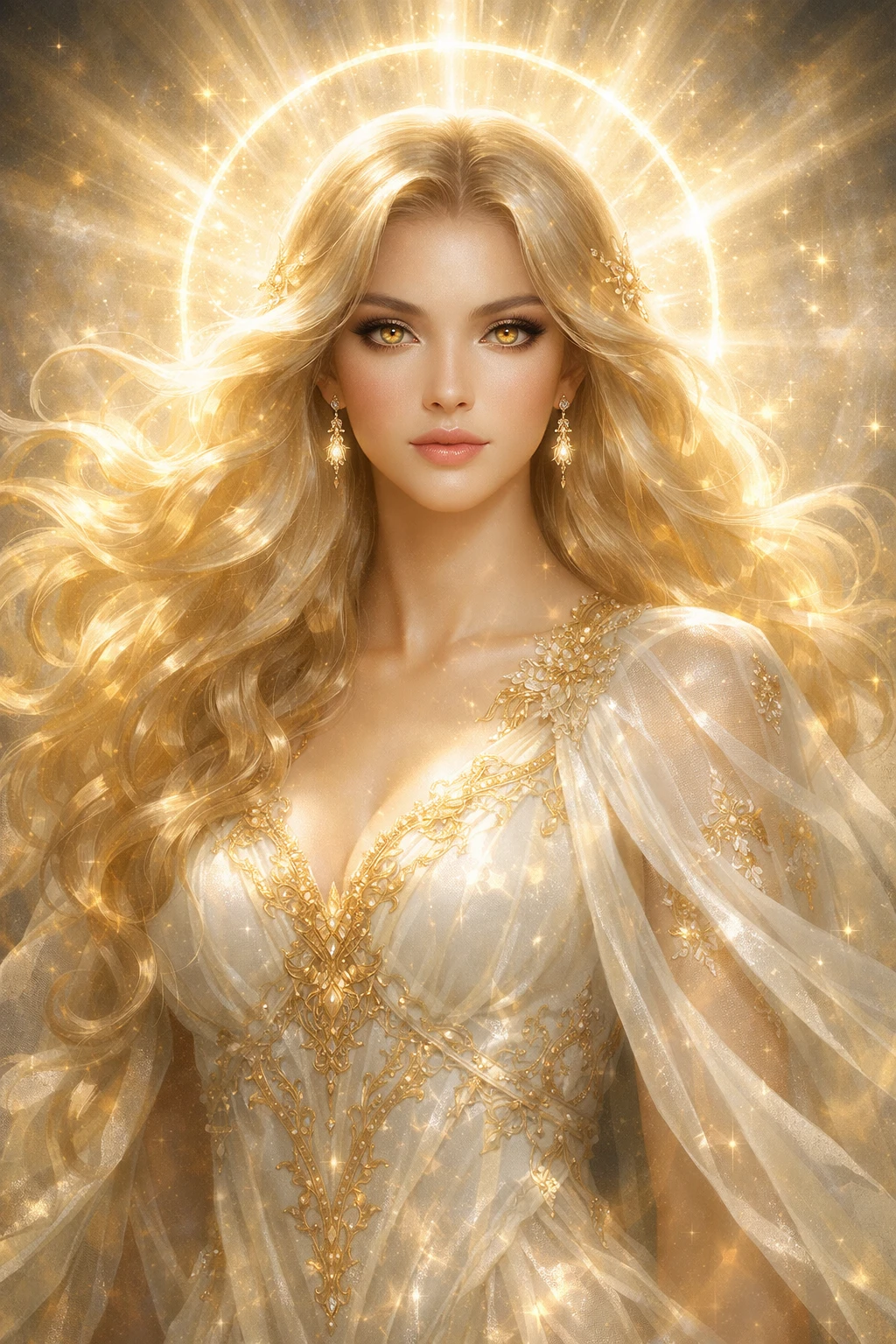 Serene Goddess Of Light With Golden Hair And Halo