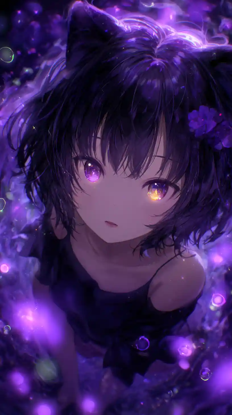 Anime cat girl with glowing purple eyes in cosmic mist