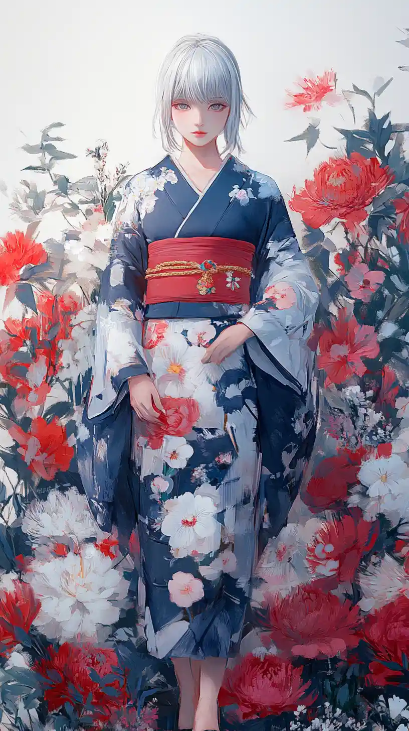 Elegant woman in floral kimono amid blooming flowers