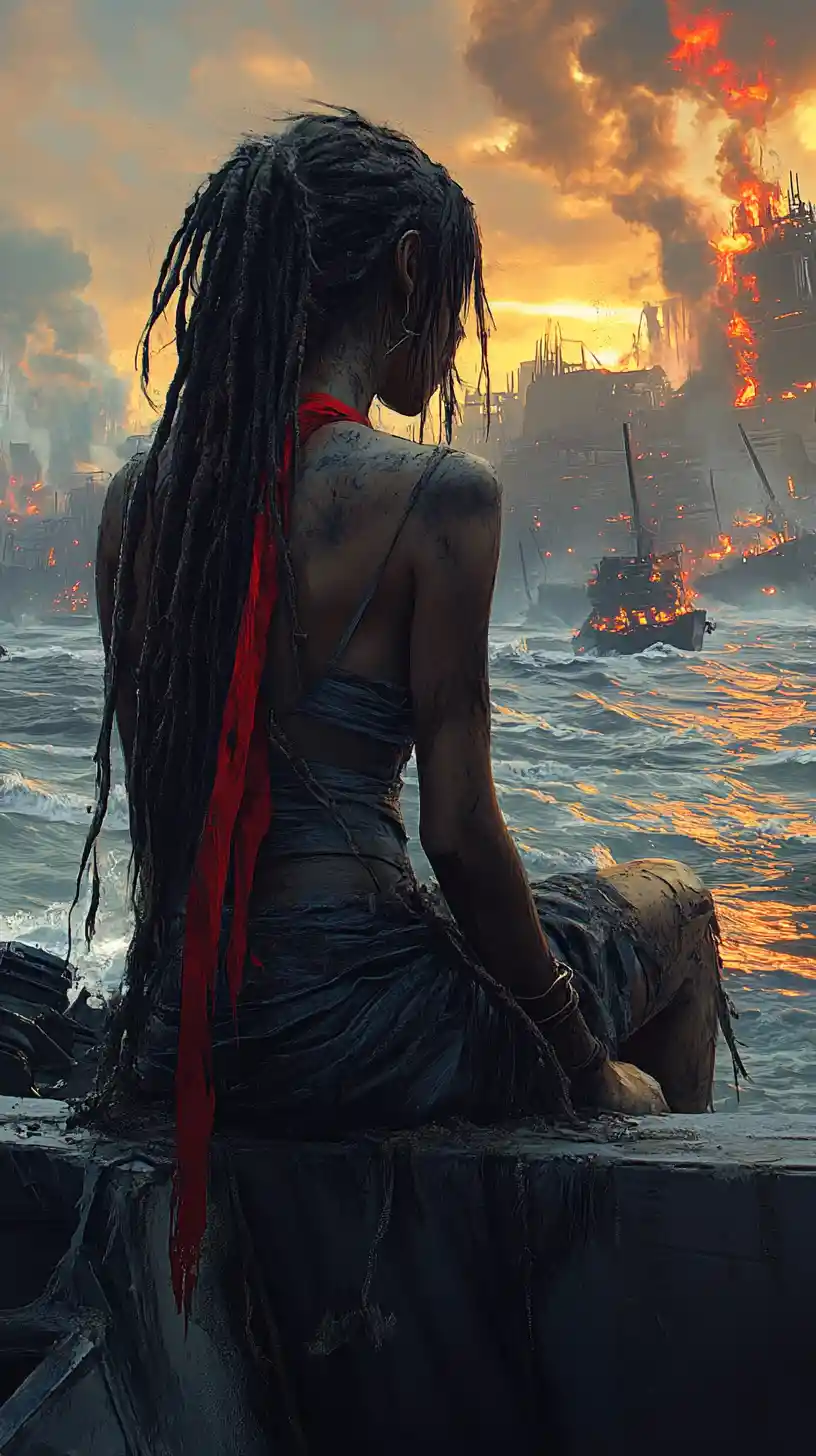 Woman on rusted pier facing burning post apocalyptic city
