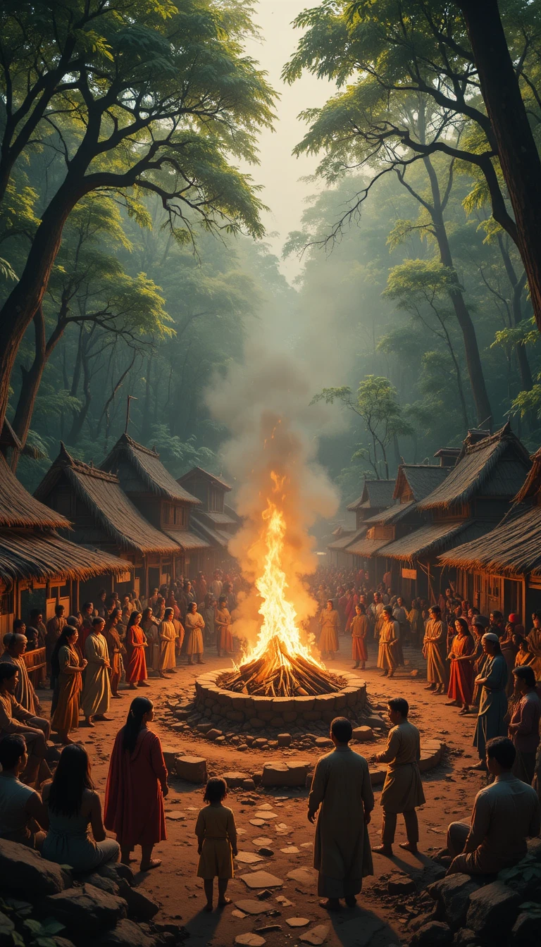 Villagers gathered around a blazing fire in forest huts