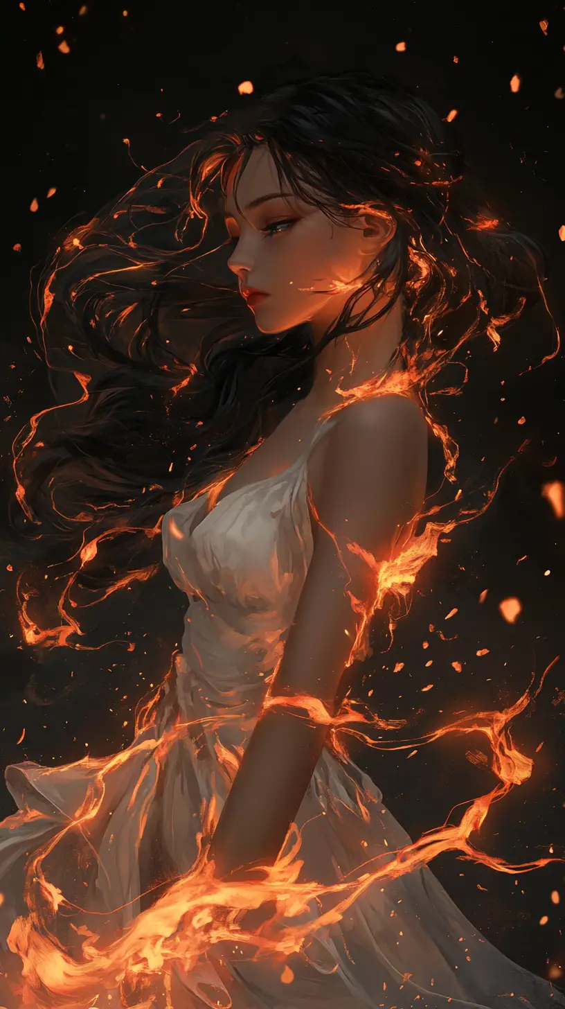 연기 어린 어둠 속 찢어진 드레스를 입은 불꽃 머리 소녀